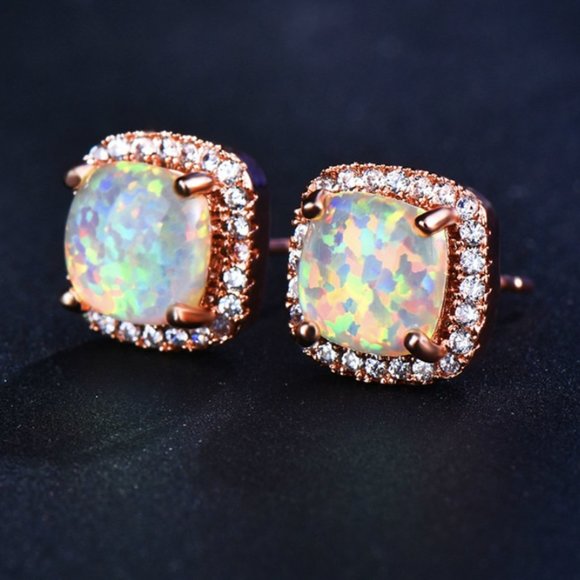 NEW 18K Rose Gold White Opal Diamond Halo Earrings - Picture 4 of 6
